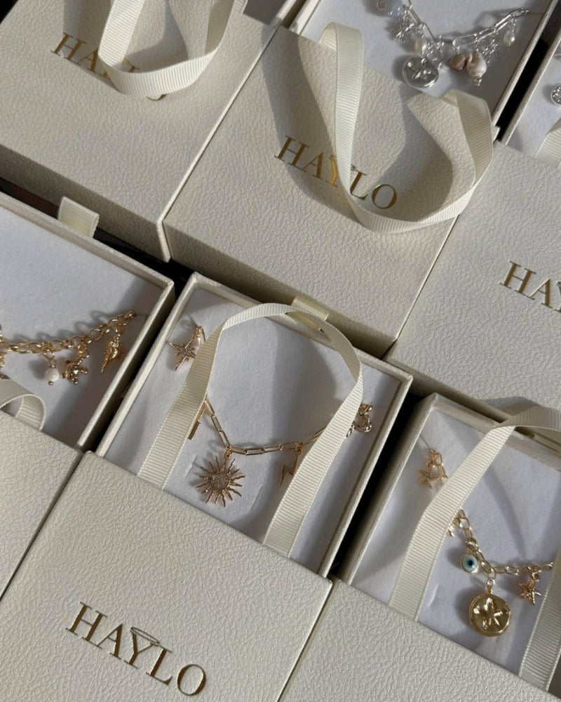 Haylo and Co. jewelry boxes with branding containing necklaces and bracelets.