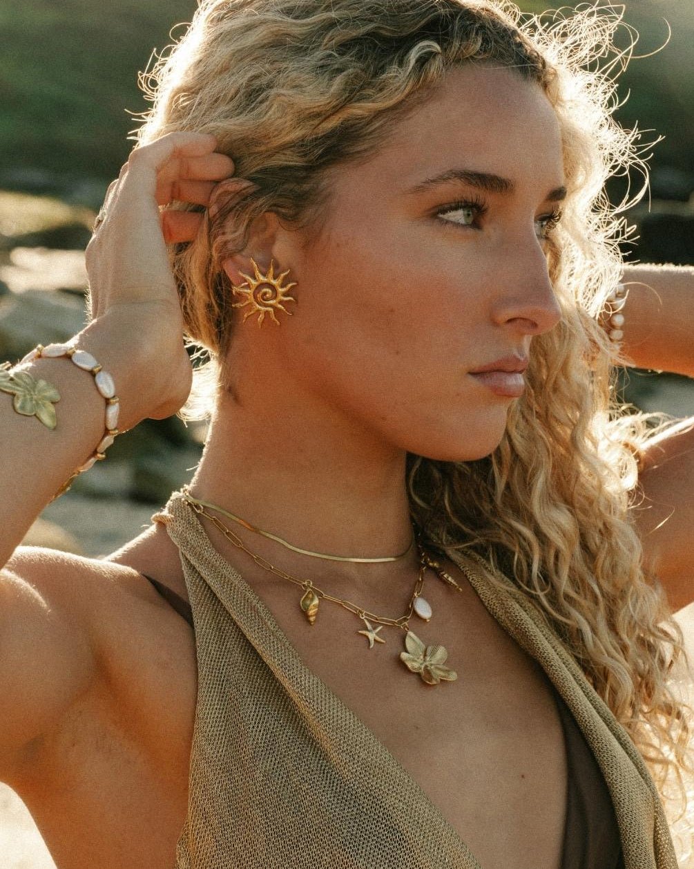 Gold Sun Studs, snake chain and Flower Charm Necklace styled together – Haylo & Co.
